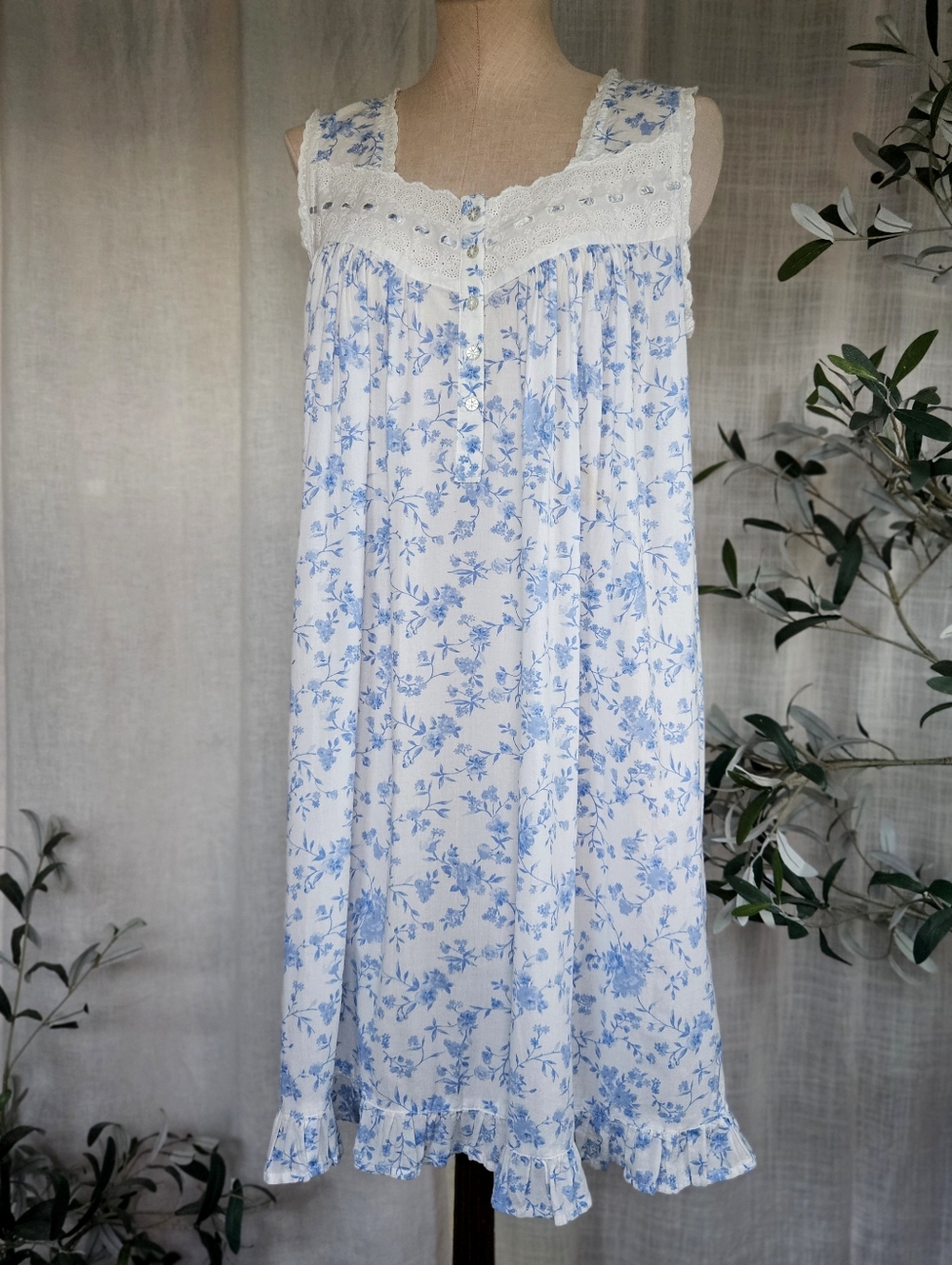 SOLD Charter Club Intimates Cotton Blue White Floral Sleep Dress Medium